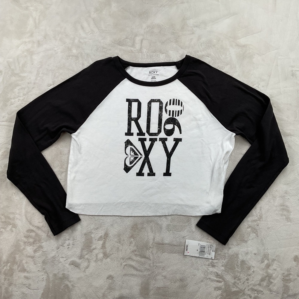 Roxy Womens Heritage 90 BRLS Raglan Baseball Tee Cropped Long Sleeve M NEW